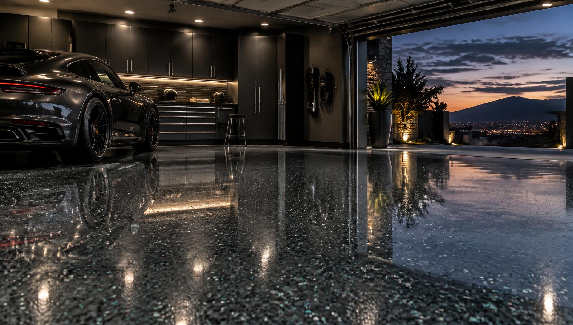 Glossy epoxy garage floor in a modern home garage